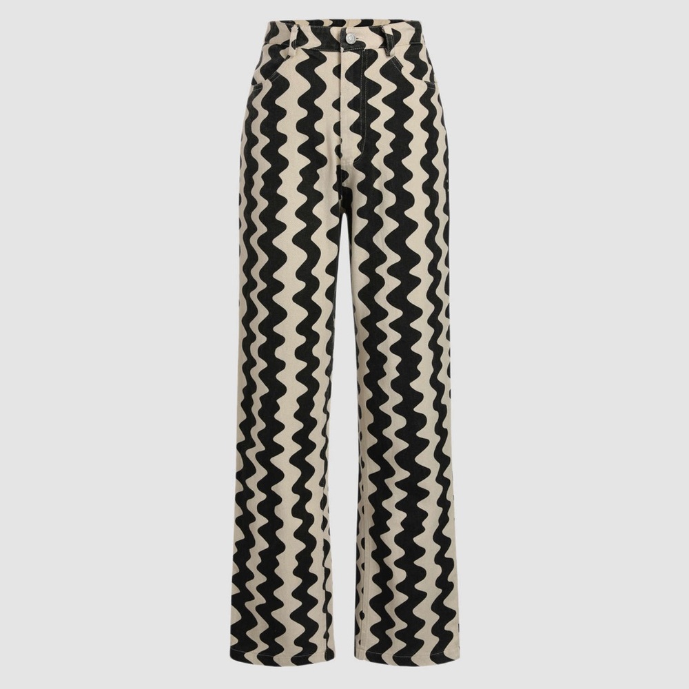 New Cider Black & White Wide Leg Pants with Zigzag Pattern